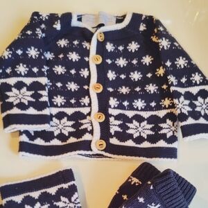 Grandma Nes Navy and White Snowflake Knit Cardigan Set 3 Mos